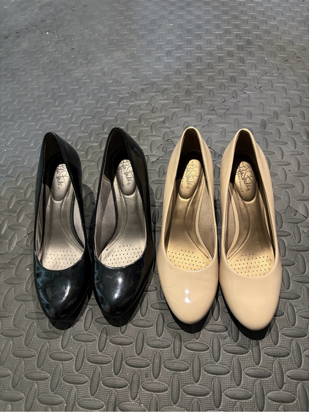 Life Stride Two-Pair Patent Pumps — Black & Beige